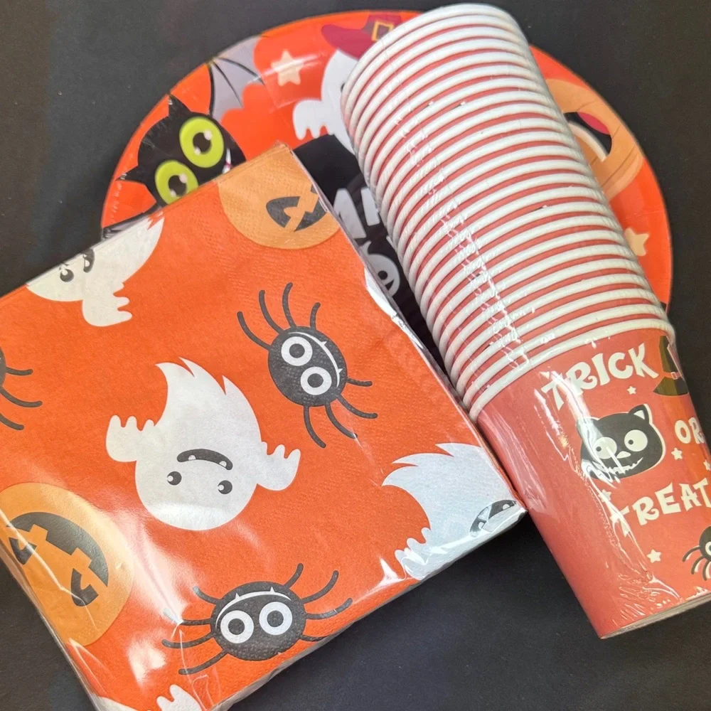 Halloween Party Supplies Set - Orange and Black 24 plates 24 cups 48 napkins new